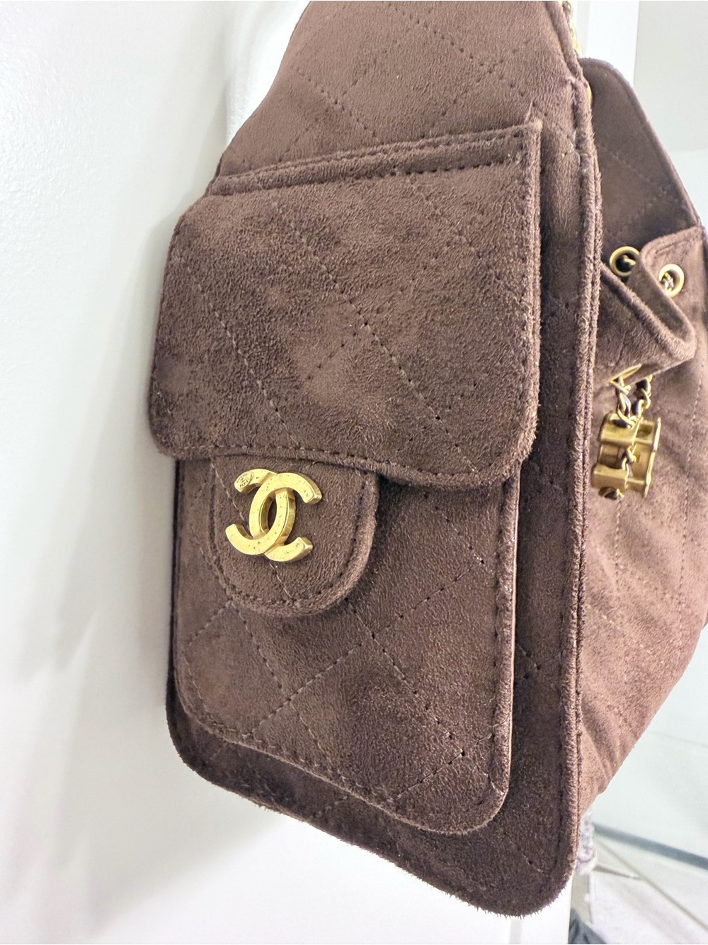 Brown Quilted Faux Suede Handbag - Picture 2 of 6